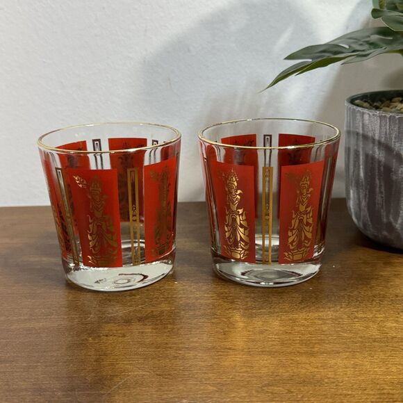 Vintage MCM Culver Lowball Glasses Set of 2 Phra Siam Devadhiraj Thai Goddess - Picture 1 of 8
